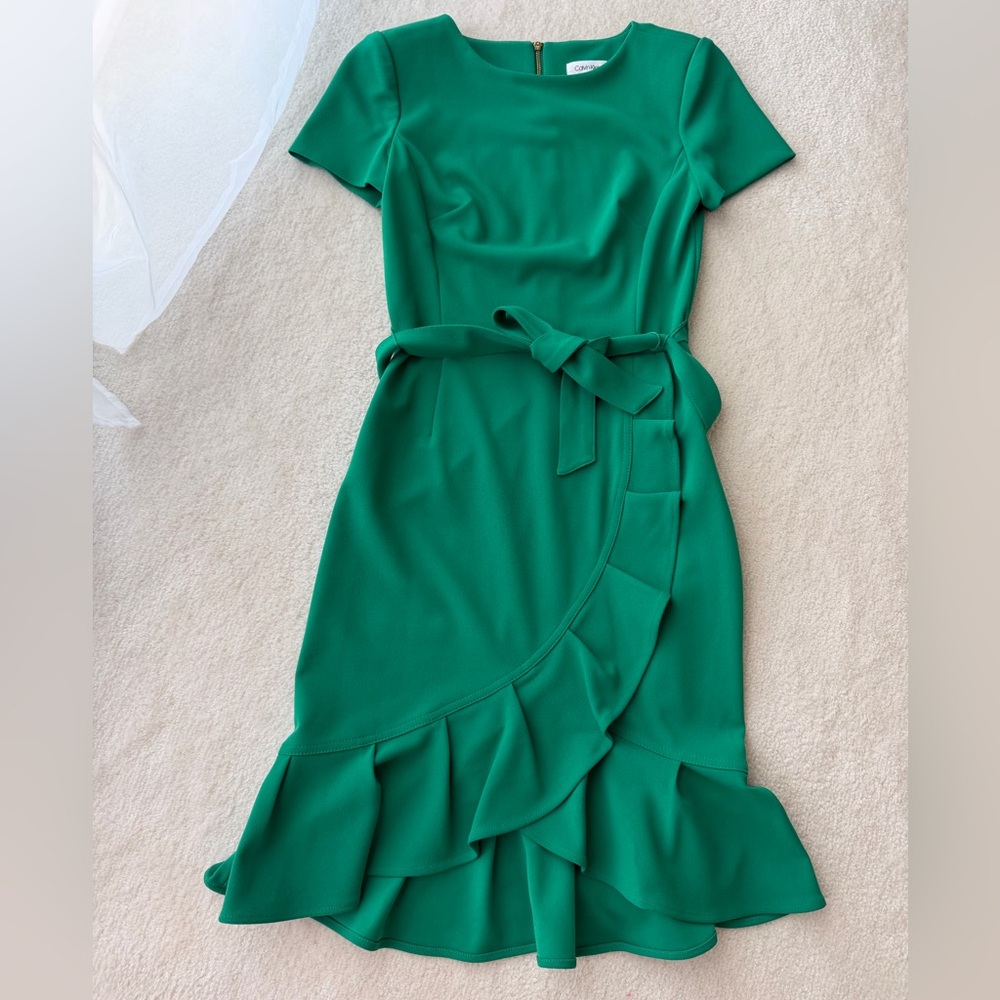 Calvin Klein Green Belted Wrap Skirt Midi Dress with Ruffle Detail